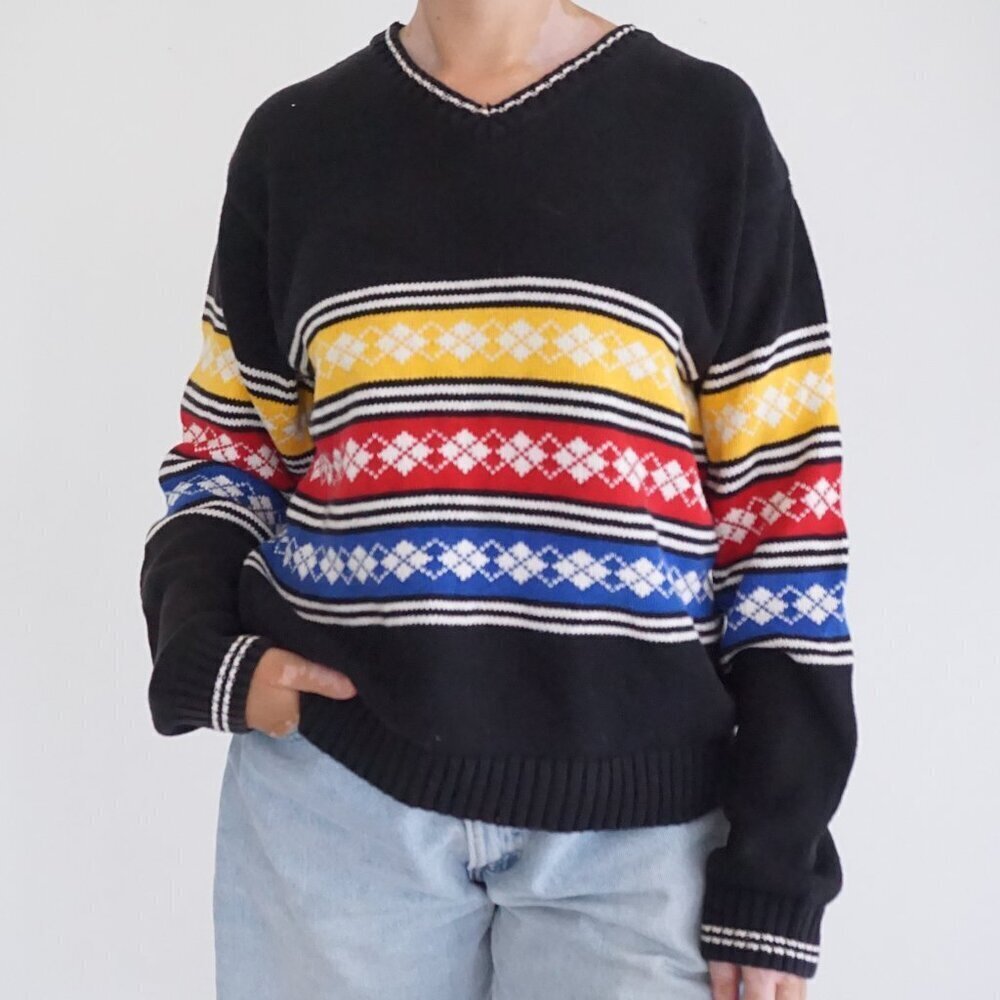 IZOD Black Cotton Multi Stripe Fair Isle Knit V Neck Sweater Winter Casual L